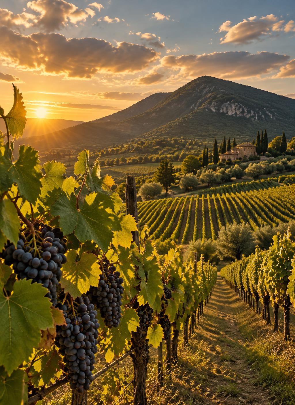 Vinhedo com cachos de uvas diante de uma montanha à luz dourada